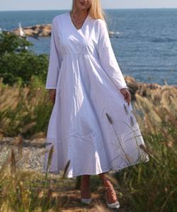 Robe midi en coton blanc à col en V et manches longues, coupe minimaliste et confortable, taille naturelle, idéale pour l'été, le printemps et l'automne - Product Image 2
