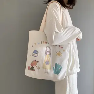 Borsa tote in tela per shopping donna e studenti borsa con manico in cotone carino bianco per bambina