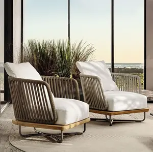 Всесезонный патио из твердого тика, деревянный садовый веревочный тканый большой алюминиевый уличный одноместный диван-стул для отдыха