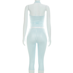 Viviblook C26ST238 Women Summer <b>Set</b> New <b>Sexy</b> Sleeveless Plaid Print Halter Backless Vest Cropped Pants Casual Two Pieces <b>Set</b> - Product Image 2