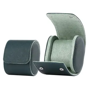 Custom Watch Roll Travel Case 1 Slot Luxury Green Leather Portable Storage Box For Single Watch Organizer