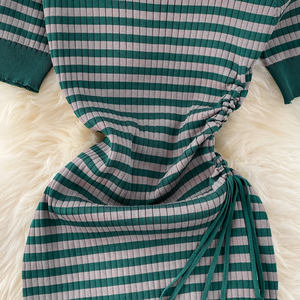 Automne 2022 femmes vêtements <span class=keywords><strong>Chic</strong></span> col rond plissé rayé <span class=keywords><strong>robe</strong></span> robes en soie femmes dames élégante longue <span class=keywords><strong>robe</strong></span> tricotée - Product Image 3