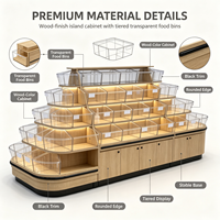 Comptoir de présentation multi-niveaux en bois grainé pour supermarché, idéal pour fruits secs, noix et bonbons en vrac