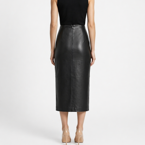 <span class=keywords><strong>Jupe</strong></span> crayon midi en <span class=keywords><strong>cuir</strong></span> pour femme, taille haute, fente avant, noire, élégante, sur mesure - Product Image 3