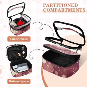 Burgundy Floral Printed Custom Double Layer Makeup <b>Bag</b> Wholesale Clear Top Cosmetic Pouch for Women Elegant <b>Travel</b> <b>Wash</b> <b>Bag</b> - Product Image 4