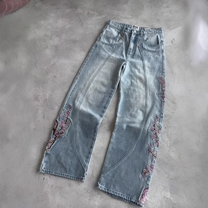 <span class=keywords><strong>Jeans</strong></span> da <span class=keywords><strong>Uomo</strong></span> in Denim a <span class=keywords><strong>Vita</strong></span> Media con Ricami Floreali Pesanti Stile Retrò Vintage Gamba Larga Moda High Street Pantaloni dal Taglio Dritto - Product Image 2