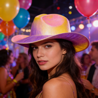Chapeau de cowboy métallique en gros, chapeaux de fête western holographiques néon, finition arc-en-ciel pour événements disco, rave, carnaval, costumes d'Halloween