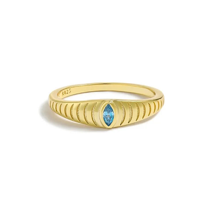Groothandel 925 Sterling Blauw Edelsteen Ring Trendy Sieraden Ovaal Diamant Oogringen Zirkoon Verguld Paard Oog Zegelring