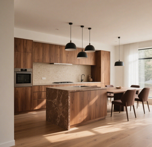 Cuisine à concept ouvert: armoires en bois <span class=keywords><strong>de</strong></span> noyer, îlot <span class=keywords><strong>de</strong></span> marbre <span class=keywords><strong>avec</strong></span> <span class=keywords><strong>plaque</strong></span> <span class=keywords><strong>de</strong></span> <span class=keywords><strong>cuisson</strong></span> intégrée, fonctionnalité culinaire moderne - Product Image 2