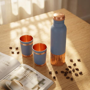 Bouteille d'eau en cuivre martelé à moitié, 1 litre, design martelé à moitié, bouteille d'eau en cuivre pur avec ensemble de verres, travail Meena - Product Image 1