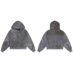 Sweat-shirt à capuche zippé pour homme, style streetwear, en molleton français 500 g/m², 100 % coton, broderie personnalisée, strass, délavage acide, coupe ample, automne - Product Image 5