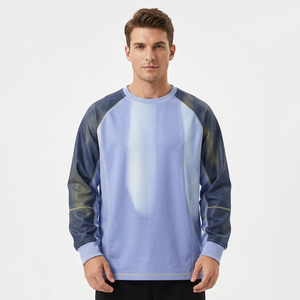 T-shirt à manches raglan pour homme, manches longues, imprimé denim bleu, col rond, décontracté, respirant, tricoté, coupe régulière, 100% coton, séchage rapide - Product Image 1
