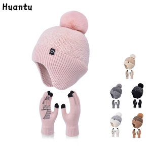 Ensemble bonnet et gants d'hiver en peluche avec pompon, <span class=keywords><strong>cache</strong></span>-<span class=keywords><strong>oreilles</strong></span>, <span class=keywords><strong>bandeau</strong></span>, bonnet tricoté rembourré, gants tactiles <span class=keywords><strong>pour</strong></span> femme - Product Image 3