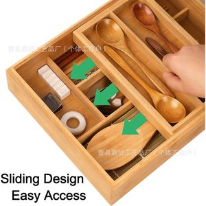 Bamboo Tableware <b>Storage</b> <b>Box</b> Rectangular Double Layer Drawer Organizer With Compartments For <b>Kitchen</b> Desktop Use - Product Image 2