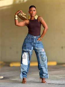 BR5814 <span class=keywords><strong>Jeans</strong></span> da <span class=keywords><strong>donna</strong></span> con stampa Patchwork Casual a vita media ampia in Denim nuovo dritto - Product Image 2