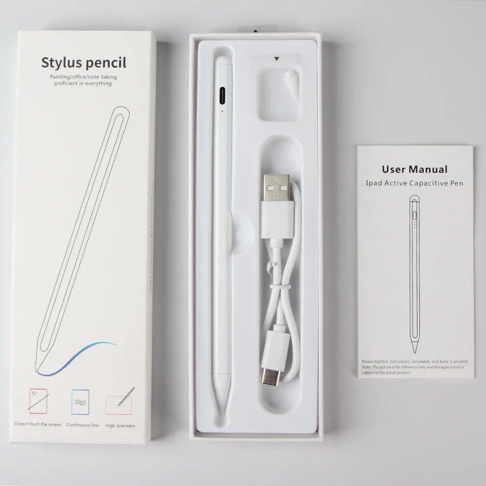 Lápis stylus multifuncional, lápis branco com ponta fina de led, caneta stylus de toque macio, embalagem para tablet, 10 horas