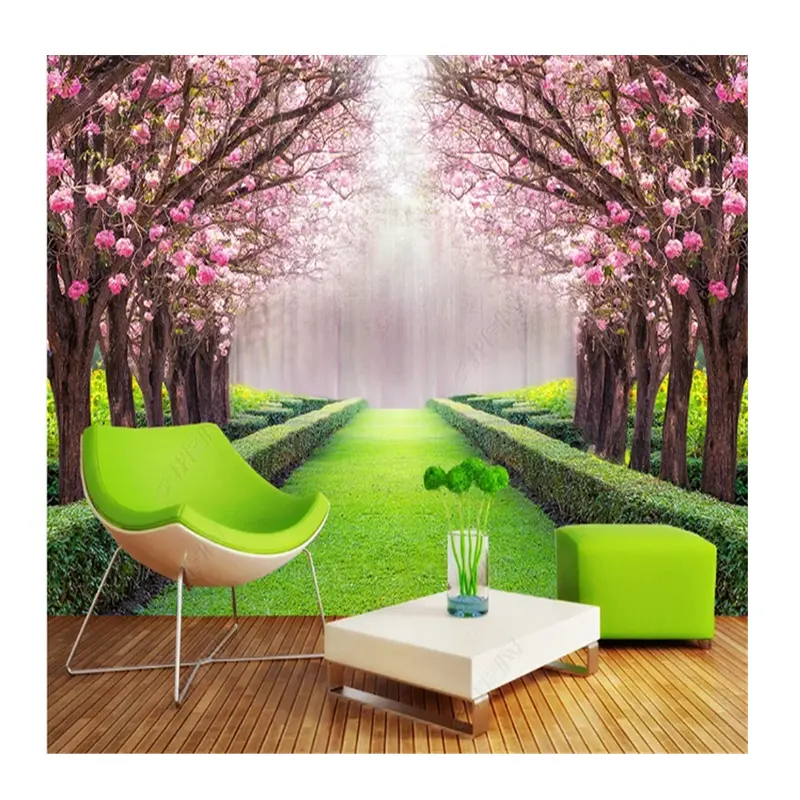 KOMNNI Natural Scenery Wallpaper Park mit Blumen Baum gefütterte Wege Tapete Home Decor Wandbild für Wohnzimmer