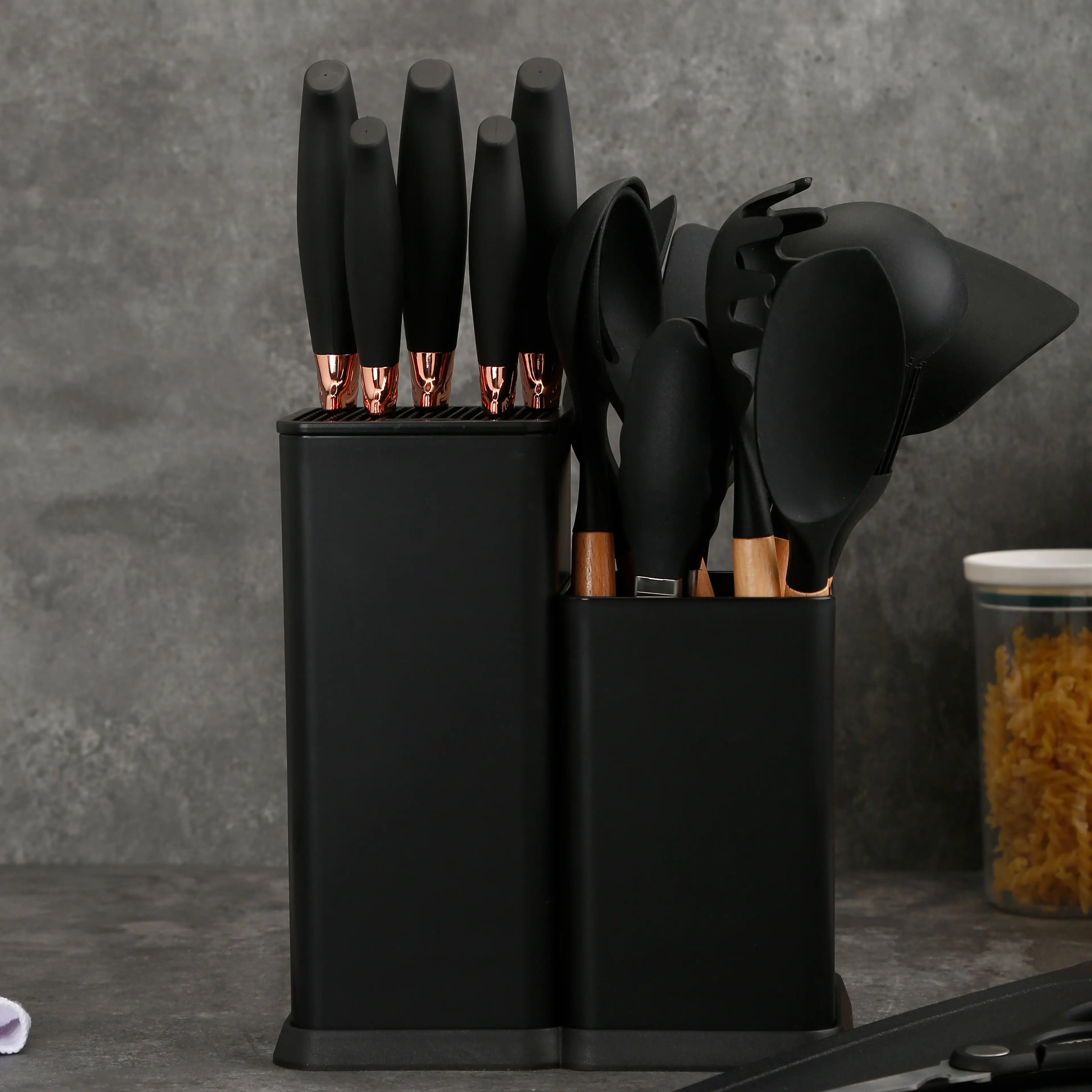 19pcs Stainless Steel Kitchen Knives Silicone Kitchen Tool Scissors With Holder Set Rose Gold Cutlery kitchen Knife set