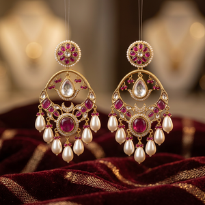 Boucles d'oreilles chandelier traditionnelles plaquées or avec détails ornementaux pour femmes, pour mariage, fête et occasions festives. - Product Image 1