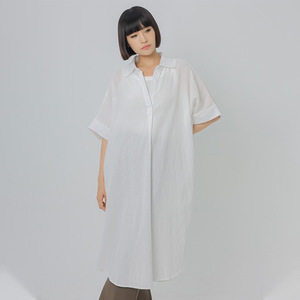 时尚纯色宽松V领女式连衣裙棉麻夏季上衣短袖大码OEM制造商 - Product Image 1