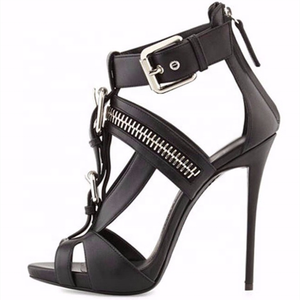 Women Special Design Sandals Pointed Open Toe Ankle Strap Zipper Metal Summer Dress <b>Shoes</b> Ladies Thin Heel Fashion Sandals - Product Image 1
