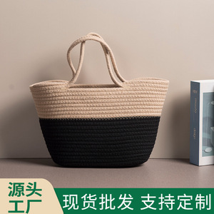 Bolso Tote Tejido de Cuerda de Algodón, Gran Capacidad, Horizontal, Cuadrado, Estilo Minimalista, Uso Diario, Verano 2023 - Product Image 4