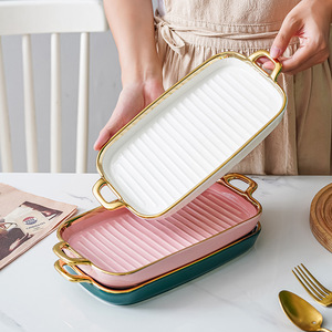 Đĩa Phẳng Vuông Dài Hai Tai Phong Cách Bắc Âu Ins Thả Vận Chuyển Khay Gốm Gia Dụng Đĩa Đựng Đồ Ăn Nhẹ Tấm Lưới Cá Đỏ Sáng Tạo - Product Image 1