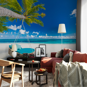Papel Tapiz Mural 3D Moderno con Palmeras Tropicales, Cielo <span class=keywords><strong>Azul</strong></span> y Paisaje Oceánico, Ideal para Sala de Estar, Dormitorio u Hotel, Resistente al Agua - Product Image 1