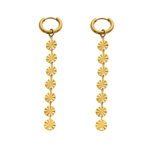 Boucles d'oreilles pendantes en acier inoxydable plaqué or véritable 18 carats, motif gravé, disque métallique étanche, avec pampilles, pour femme - Product Image 5