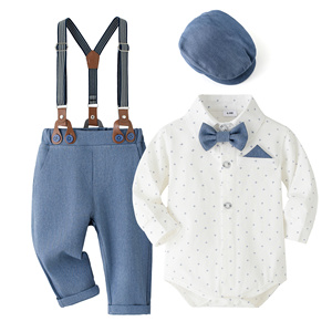 Catpapa Vente en gros Ensemble 4 pièces pour bébé <span class=keywords><strong>garçon</strong></span> 0-18 mois : Body, pantalon à bretelles, nœud papillon, <span class=keywords><strong>béret</strong></span> – Tenue de gentleman formelle - Product Image 3