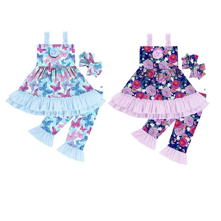 TZ-314-YXL3PCS Baby Girl Summer Outfits Boutique Clothing Wholesale Butterfly Print Pink Outfits Sleeveless Kids Outfits
