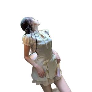 Traditional Chinese Style Modified Cheongsam Dress With Puff Sleeves And Two Piece Skirt Set For Women Party Wear - Product Image 5