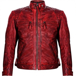 Blouson de moto en cuir rouge pour homme, col montant, fermeture éclair, couleur unie, logo avant, séchage rapide, respirant - Product Image 1