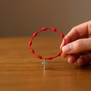 Pulsera Ilan con 7 Nudos, Cordón Rojo y Colgante de Cruz Plateada, Hecha a Mano - Product Image 3