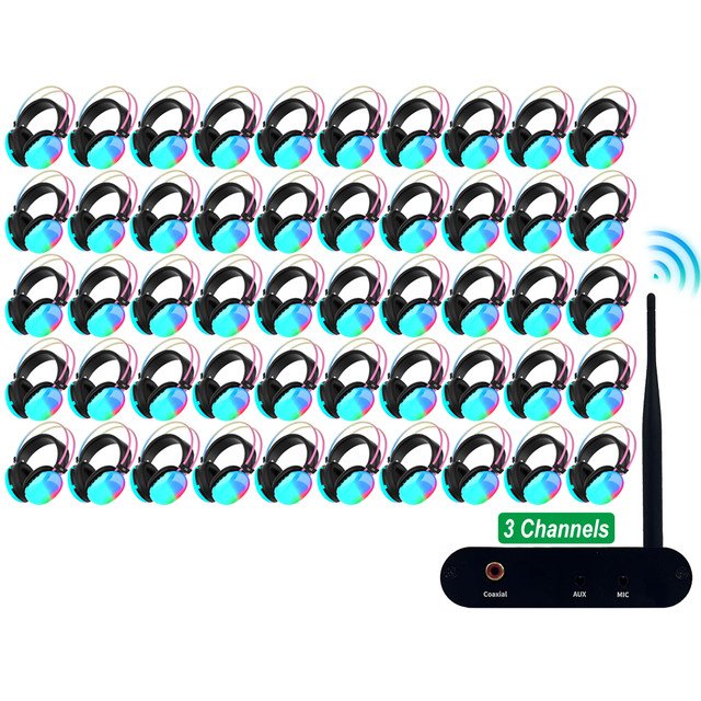 50 Pack Silent Disco Headphone 3 Channel F39 Quiet Party Headsets Stereo Slient Disco Earphone and 500M Distance Transmitter