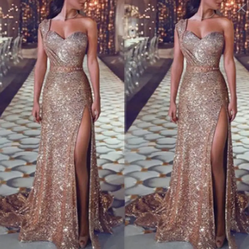 Elegant Formal Evening Dress High Slit Gown Prom Party Sweep Train Sequined Maxi Long Slip Dresses For Women