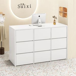 Modern Black Wooden <b>Reception</b> Desk for Salon, Front <b>Counter</b> with Storage Cabinet for Beauty Shop - Product Image 4