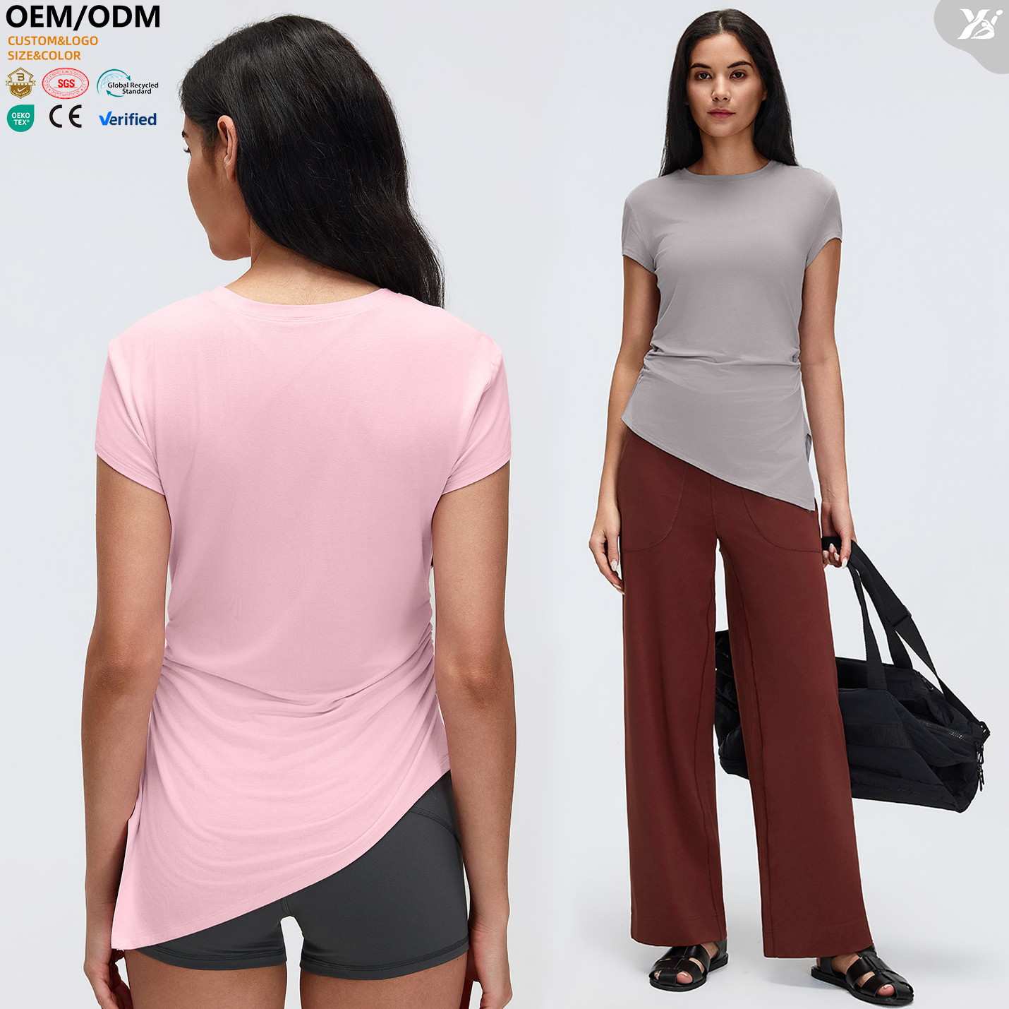 D26071 Round Neck Yoga Top Short Sleeve Straight Shoulder Side Slits Slimming Quick-Drying Breathable Gym Running Casual Tee