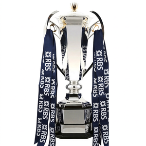 Trofeo Mundial de Rugby de Metal Plateado con Cintas Azules de la RBS sobre Base Negra - Product Image 1