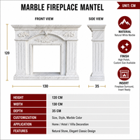 Cheminée en marbre blanc de Carrare classique BSA, sculptée à la main avec des motifs floraux en relief, pour la décoration intérieure de la maison et de la villa