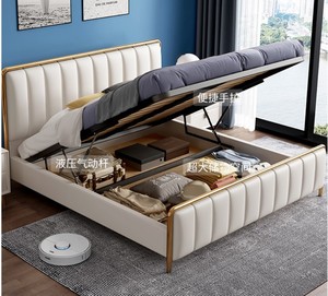 White Modern Leather Luxury Queen <strong>Gas</strong> <strong>Lift</strong> Super <strong>Single</strong> Tufted Princess Upholstered Storage <strong>Bed</strong> Frame Bedroom Living Room - Product Image 4