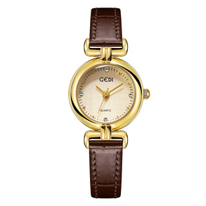 Reloj redondo dorado para mujer, correa de cuero marrón, marcadores de cristal, elegante reloj de pulsera de cuarzo - Product Image 1
