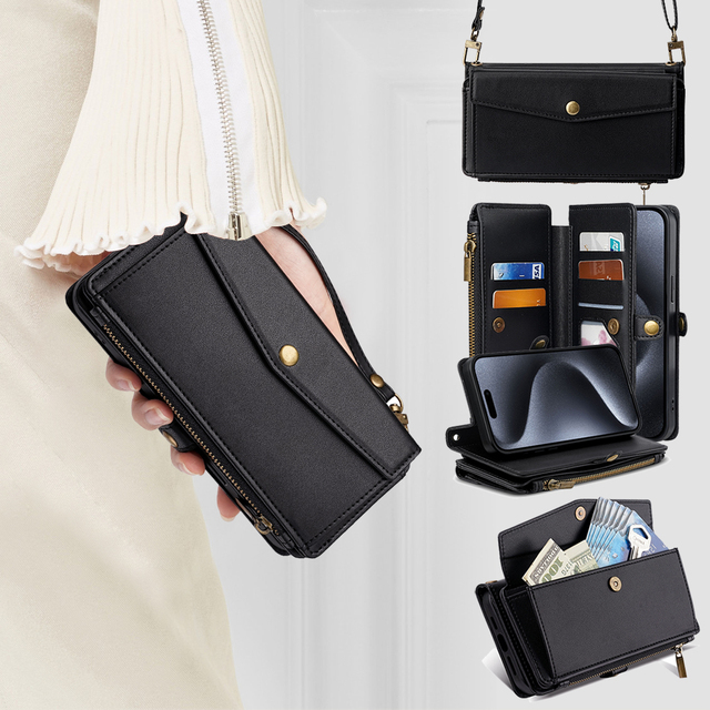 PU Leather Wallet Case RFID Anti-theft Multi-card Slots Wrist Strap Design for Samsung S25/24 Ultra for Oppo for Apple iPhone