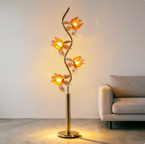 Lampe sur pied élégante à motif floral, abat-jour en verre en forme de lotus à 4 têtes, lampadaire décoratif à poteau doré en forme de S pour chambre à coucher - Product Image 2