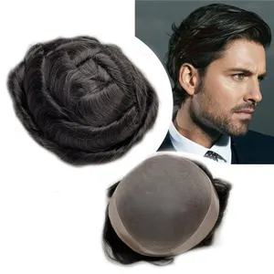 Cheveux humains indiens 100% vierges système de remplacement cuticule droite 1b # couleur mono pu avec dentelle perruques toupet pour hommes en stock