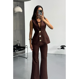 Women's Brown <b>Linen</b> Gold Buttoned Vest Pants <b>Set</b> Office Lady's Solid Pattern Top Bottom for Autumn Winter Minimum Order 2pcs - Product Image 6