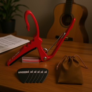 Capo de 5 cuerdas de aleación de aluminio rojo para guitarra acústica, banjo, mandolina, ukelele, con bolsa de transporte y púas - Product Image 2