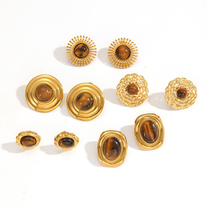 Pendientes de ojo de tigre en tono dorado, redondos, ovalados, con forma de flor, diseño geométrico, engaste de bisel, para mujer, joyería de moda - Product Image 2