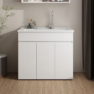 Stainless Steel <b>Floor</b> Standing Laundry Sink With Washboard White <b>Cabinet</b> <b>Bathroom</b> Vanity Double Hole Faucet Opening - Product Image 2