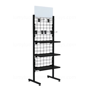 Multi-Function Metal Floor <b>Display</b> <b>Rack</b> with Hooks & Shelves Wire Panel Stand for Snacks Accessories Daily Goods Supermarket - Product Image 2